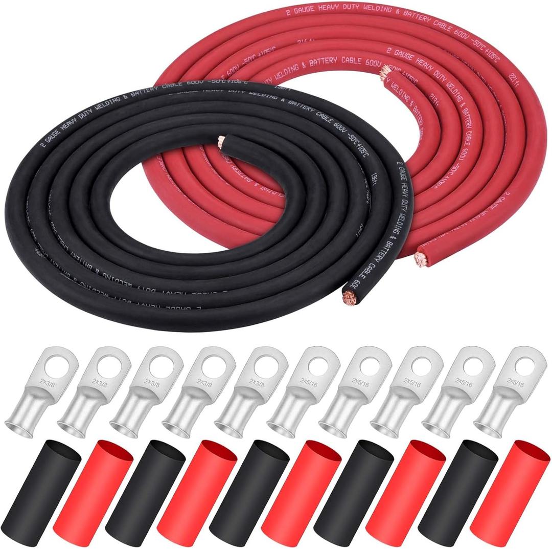 iGreely 2 AWG Gauge Wire 10 Feet Black + 10 Feet Red Welding Battery Pure Copper Ultra Flexible Cable + 5pcs of 5/16" & 5pcs 3/8" Copper Cable Lugs Terminal Connectors+Heat Shrink Tubing