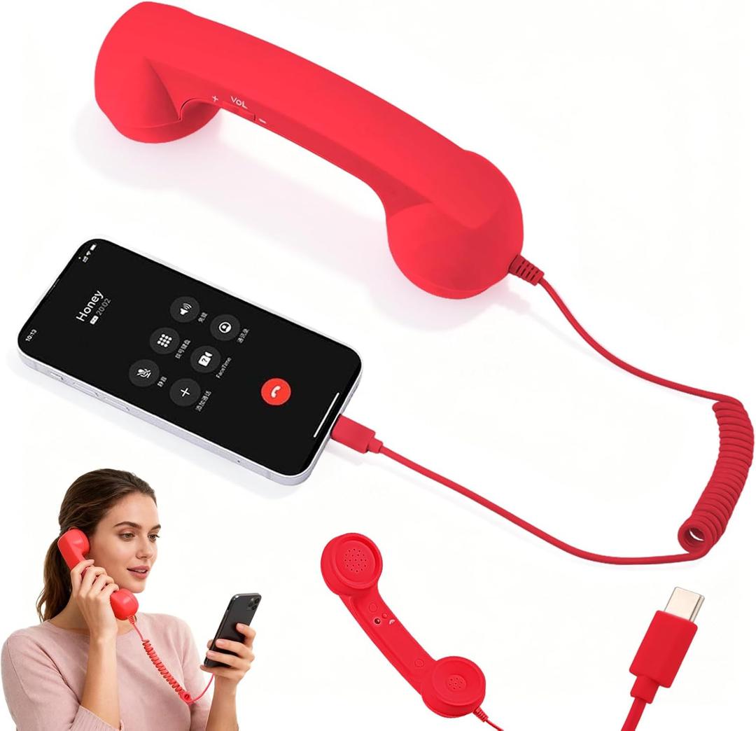 Retro Phone Handset for iPhone & Android,2026 New Cell Phone Receiver with Microphone & Speaker,Classic Vintage Old School Telephone Receiver for Mobile Phones,90s Style Prop for Photos (Red)