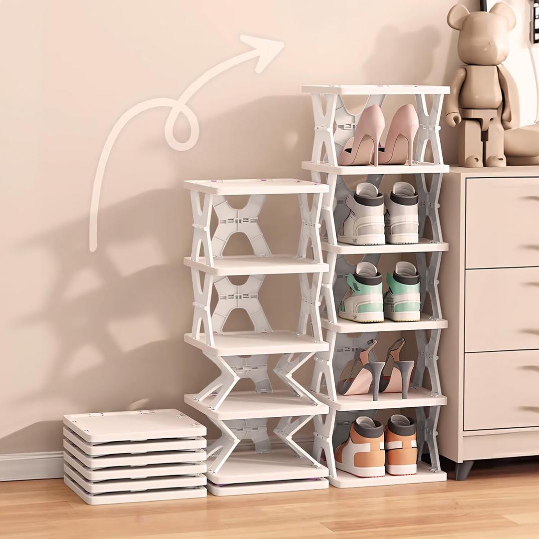 Collapsible Shoe Rack 6 Tiers-Foldable Shoe Organizer for Closet, Space-Saving Kid's Shoe Storage, No Assembly Shoe Shelves for Entryway, Living Room, Bedroom, Grey