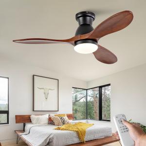Dimmable 42 Inch Flush Mount Ceiling Fans with Lights and Remote, 3 Blade Wood Bedroom Ceiling Fan with Lights Low Profile Ceiling Fan with Light Outdoor Ceiling Fans for Patios Living Room (Black Walnut)