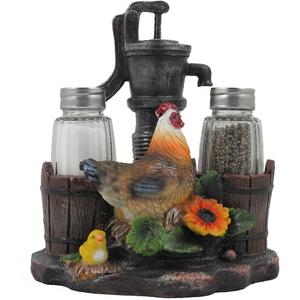 Farm Chicken and Old Fashioned Water Pump Glass Salt and Pepper Shaker Set with Holder Figurine in Country Kitchen Rooster Decor, Sculptures and Statues and Rustic Gifts for Farmers