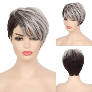 Short Grey Mix Brown Womens Wig with Bangs Pixie Cut Layered Fluffy Hair Synthetic Wigs for Daily Use
