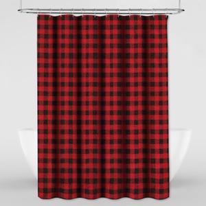 Buffalo Checker Fabric Shower Curtain Christmas Waterproof Bath Curtain Set with 12 Hooks Winter Holiday Party Decor, Red and Black, 72" x 72"