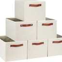 [6-Pack] Fabric Storage Bins Reinforced 2.5mm Cardboard Shelf Bins with PU Leather Handles (15x11x9.5 ) Durable Storage Baskets for Closet Organization, Toy Organizer, & Home Office Beige