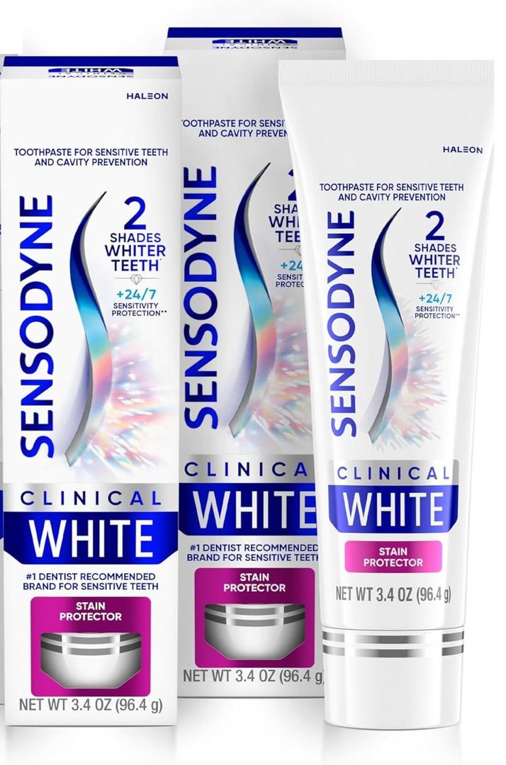 Sensodyne Clinical White Toothpaste Clinically Proven Whitening for Sensitive Teeth, Stain Protector, 3.4 oz x 2
