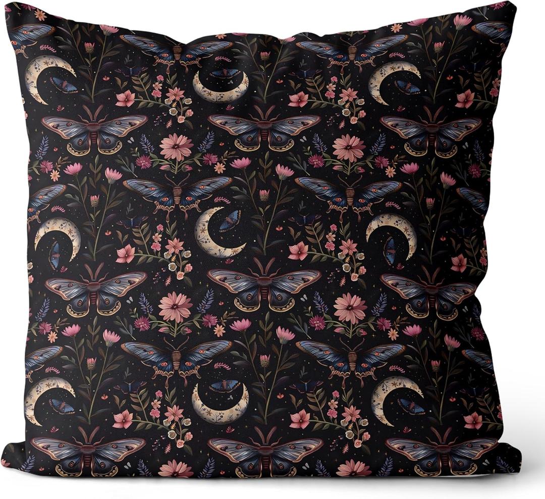 Mystical Gothic Boho Floral Moth Moon Pillow Covers 18x18, Dark Academia Decor, Dark Cottagecore Floral Butterfly Decorative Throw Pillow Covers, Witchy Home Room Bedroom Decor, Double-Sided