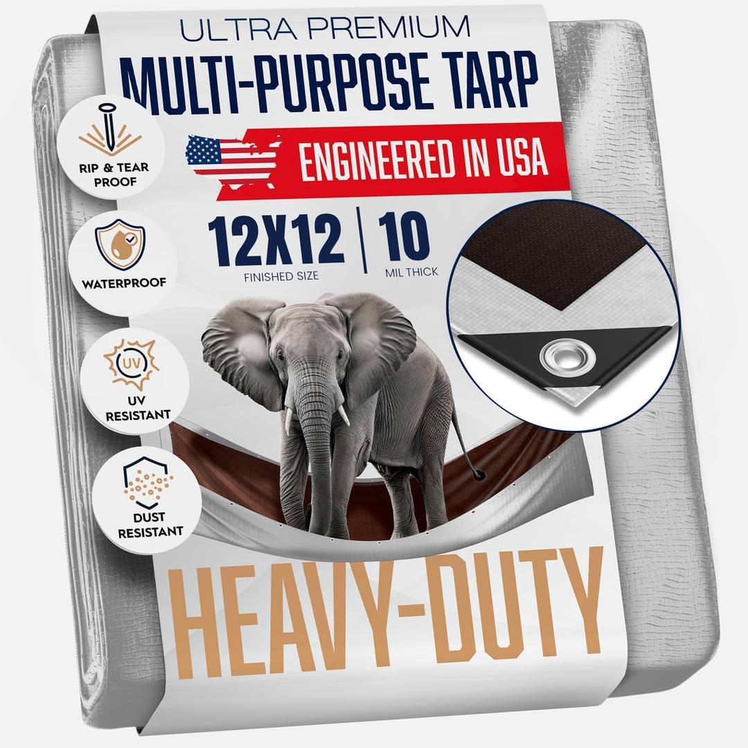 12x12 Heavy Duty Tarp, 10 Mil Thick, Waterproof, Tear & Fade Resistant, High Durability, UV Treated, Grommets Every 18 Inches. (Silver/Brown - Reversible) (12 x 12 Feet)