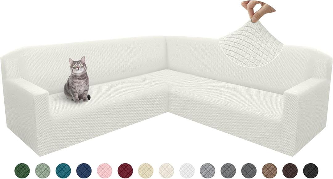 Arfntevss L Shaped Sectional Couch Cover Super Soft and Stretch Corner Universal Non Slip U Shape Slipcovers Feature Jacquard Design Furniture Protector with Foam Rods Elastic Bottom (Cream, Large)