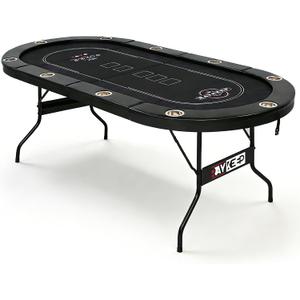 RAYKEEP 10 Player Poker Table Foldable, 84" Folding Blackjack Texas Holdem Table, Portable Casino Leisure Card Board Game Table with Cup Holders and Padded Rails for Game Room (Black)