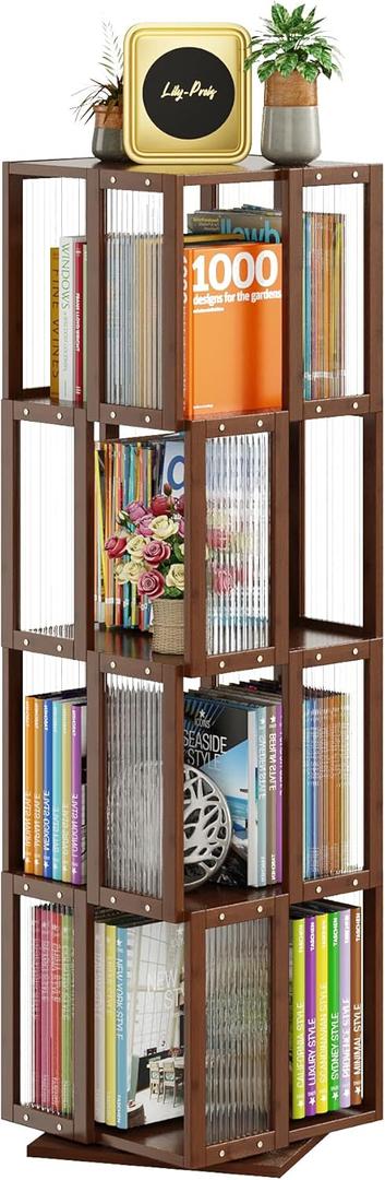 BAMEOS Rotating Bookshelf Tower 4 Tier, 360 Spinning Bookcase with Solid Wood Frame & Bamboo Finish, 4-Component Easy Assembly Corner Book Shelf for Small Spaces, Office, Bedroom, Living Room