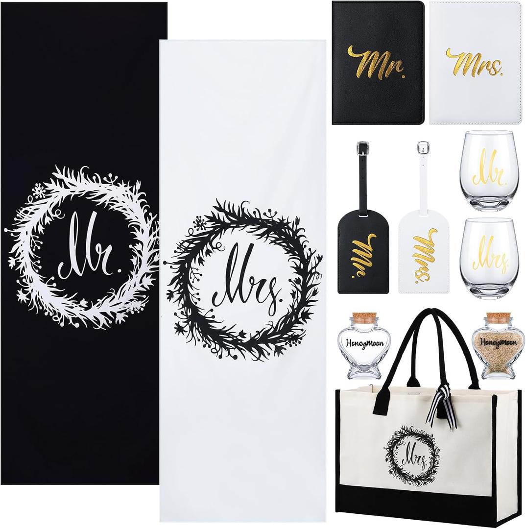 Silkfly 11 Pcs Wedding Gifts for Couples 2026, Mr and Mrs Gifts Include Honeymoon Beach Towel Luggage Tag Passport Holder Wine Glass Keepsake Jar Tote Bag for Newlyweds Engagemen