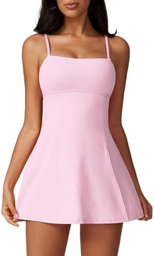 ABOCIW Womens Square Neck Tennis Dress with Shorts Spaghetti Strap Backless Workout Side Slit Athletic Golf Dresses XS