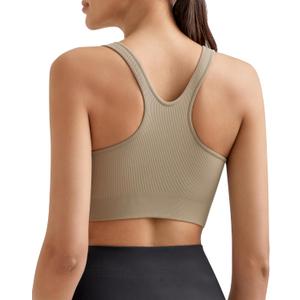 Promover Padded Sports Bras for Women Y-Back Racerback Seamless Medium Supportive Ribbed Yoga Cami Bra (Beige, L)