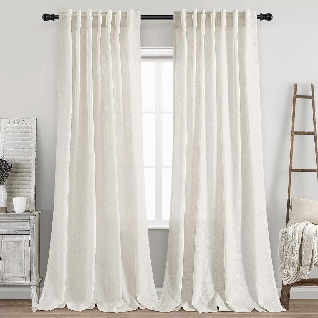 Back Tab Linen Curtains 96 inches Long 2 Panels Set for Living Room Sliding Glass Door Ivory Cream Semi Sheer Curtains Light Filtering Canvas Cloth Linen Drapes 96 inch Floor to Ceiling Length (Natural)