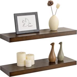 Fun Memories Farmhouse Floating Shelves - 8 Inch Deep Rustic Wood Wall Shelf - Premium Solid Pine Wood Storage Shelf for Kitchen Living Room Bedroom - 24" W x 8" D - Set of 2 - American Walnut Color