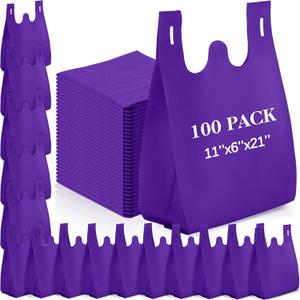 Windyun Large Grocery T-shirt Bags Bulk Reusable Non Woven Shopping Bag Foldable Gift Tote with Handle, 21x11x6 Inch (Purple)