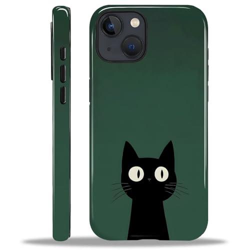 Compatible with iPhone 15 Case,Dual-Layer Protection, Hard Shell with Silicone Interior,Slim Scratch Resistant Shockproof for Woman Men Cute Black Cat Dark Green