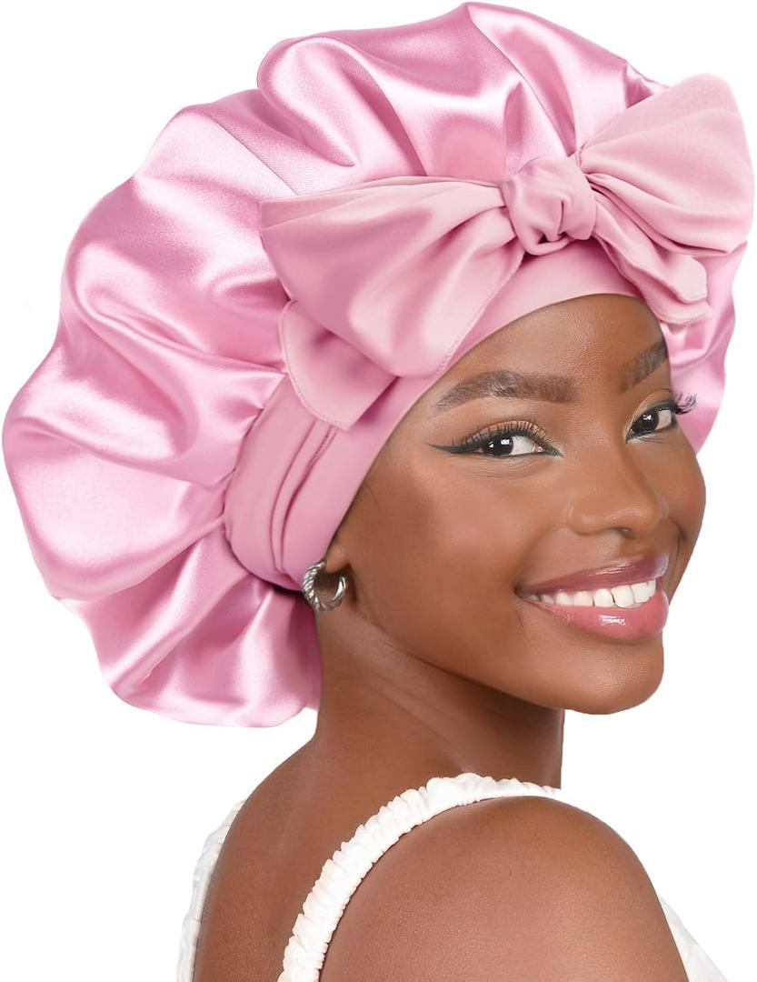 YANIBEST Adjustable Silk Bonnet for Sleeping Women Double Layer Satin Bonnet Reduce Friction Prevent Frizz Curly Hair (Large, Pink)