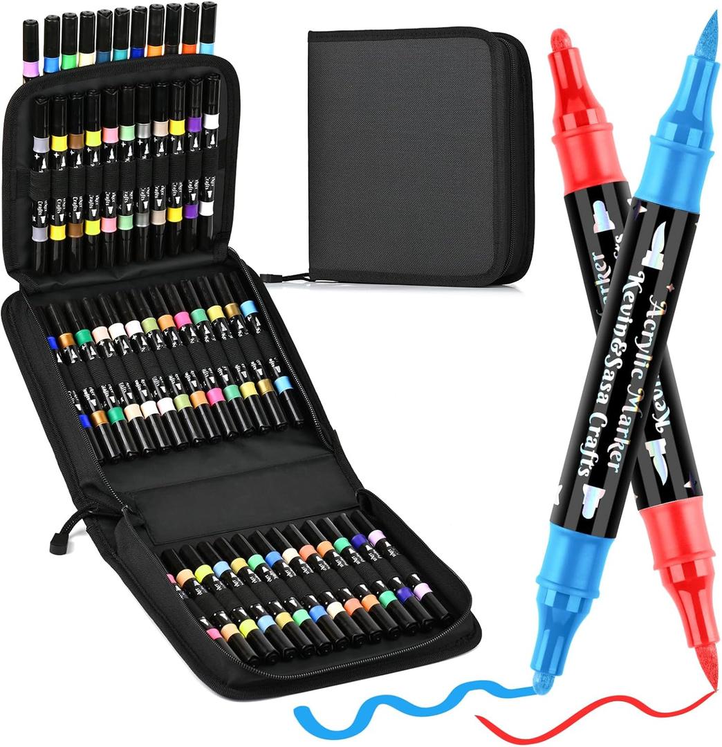 48 Colors Dual Tip Acrylic Paint Marker Pens, with Portable Bag Design, Both Brush Tip and Round Tip with Laser Pen Body Professional for Wood, Canvas, Rock Painting, Glass, DIY Crafts Art Supplies