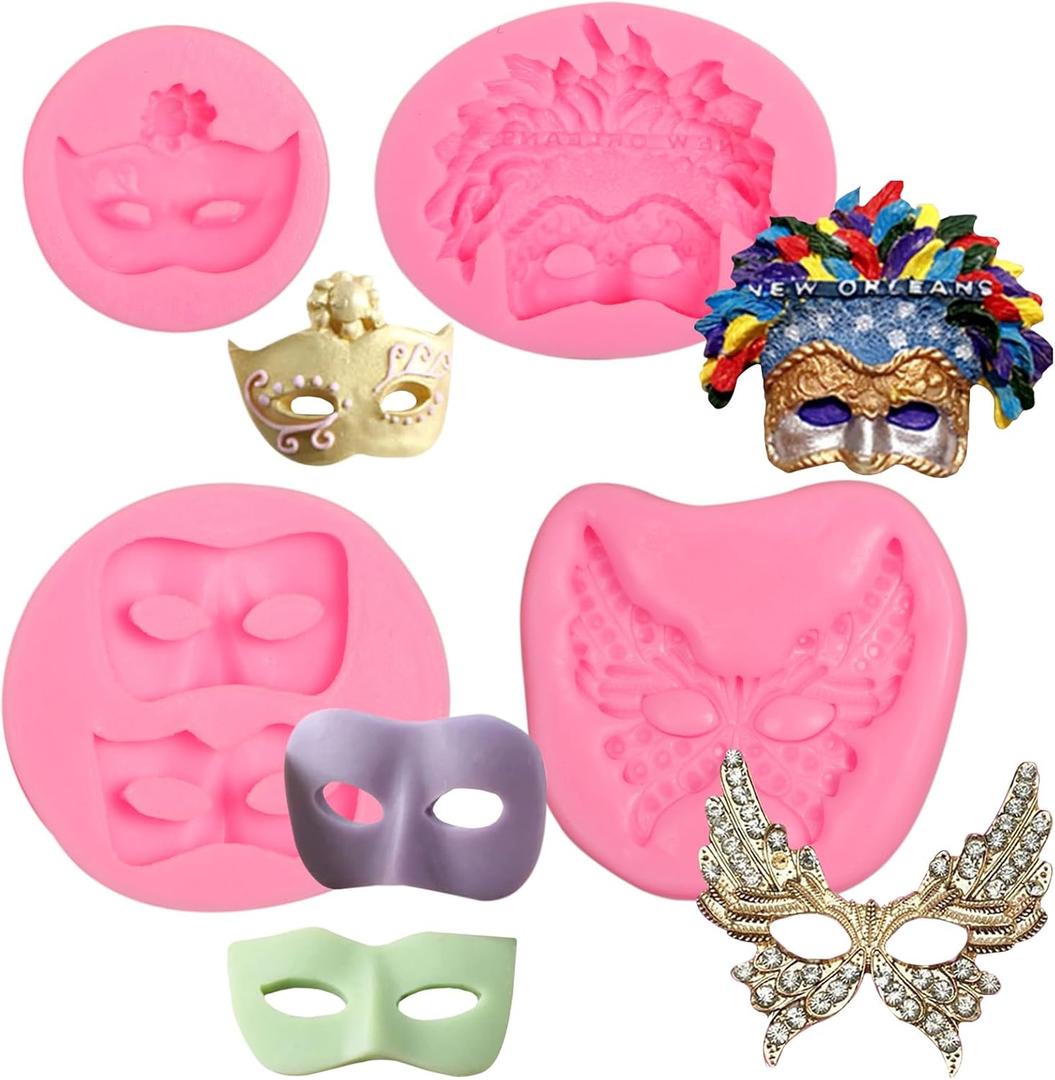 Masquerade Mask Silicone Fondant Molds 4 Pcs, Mask Mardi Gras Candy Chocolate Mold for Cake Decoration Cupcake Topper Cake Pop Popsicle Birthday Party Polymer Clay Crafts