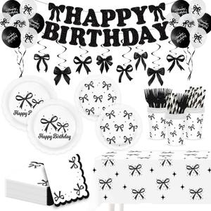 Black Bow Birthday Party Decorations, Black Coquette Birthday Decorations Bow Happy Birthday Banner Black and White Balloons, 24 Guests Plates Napkins Forks Tablecloth, Coquette Birthday Supplies