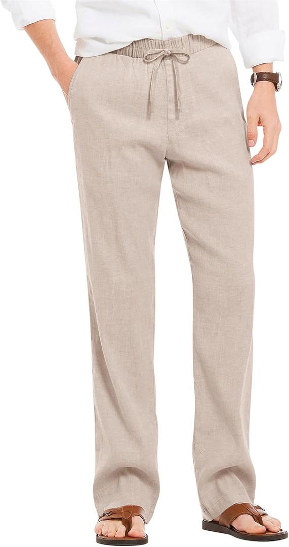 COOFANDY Men's Casual Linen Summer Beach Pants Lightweight Drawstring Elastic Waist Yoga Trousers (Khaki)