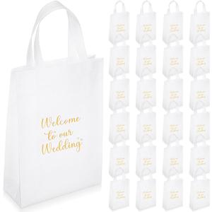 Sweetude 25 Pcs Wedding Reusable Gift Bags with Handle 10 x 14 x 4 Inches White Gold Non Woven Tote Bulk Welcome to Our Wedding for Bridal Shower Party Favors