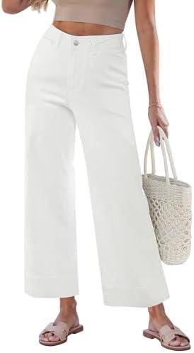 GRAPENT Wide Leg Jeans for Women Cropped Trendy High Waisted Welt Pocket Stretchy Denim Pants Distressed Trouser Jeans L