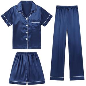 DIPUG Girls Pajamas Set Soft Silk Satin 3 Piece PJs Sleepwear for Comfortable Nights (M, Navy)