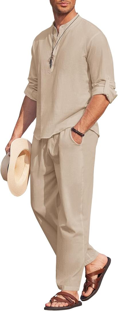 COOFANDY Men's 2 Pieces Cotton Linen Set Long Sleeve Henley Shirts Casual Beach Pants With Pockets Summer Yoga Outfits (Large, Light Khaki)
