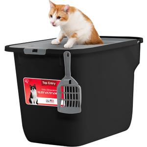 IRIS USA Cat Litter Box Large Top Entry with Lid, Enclosed Litter Box with Litter Catching Lid & Scoop, Covered Cat Litter Box Enclosure for Privacy, High Sided, Black/Gray