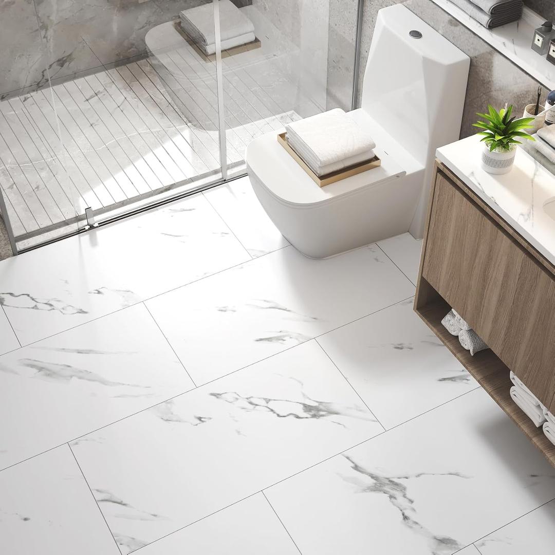 FunStick 12"x24" 15 Pcs White Peel and Stick Floor Tile Marble Vinyl Flooring for Bathroom Grey White Sticky Floor Tile for Kitchen Wall Tiles Peel and Stick on RV Laminate Flooring Tiles Waterproof