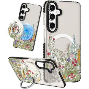 Cute Case for Samsung Galaxy S25 for Women Girls - Funny Wild Floral Design Compatible with Magsafe Magnetic Ring Holder Kickstand Fashion TPU Phone Covers