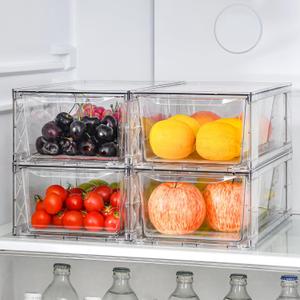 Clemate 4Pack Clear Stackable Kitchen Storage Organizer,Pantry Organizers and Storage,Foods Organizer Bins with Handles, Easily Assemble for Bathroom, Kitchen, Refrigerator, Pantry, Cabinet, Closet (Medium)