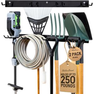StoreYourBoard Wall-Mounted Rack With 4 Garage Hooks  Heavy-Duty Steel Holder Garage & Garden Storage for Shed, Workshop, or Home Organization  For Rakes, Shovels, Tools & More  2 Pack, Black