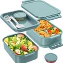 Jelife Bento Box Adult Lunch Box - 72oz Stackable Bento Lunch Box for Adults, 3 Layers All-in-One Large Bento Box Leak-Proof Lunchbox with Utensil Sauce Dressing Containers for Dining Out,Work, Green