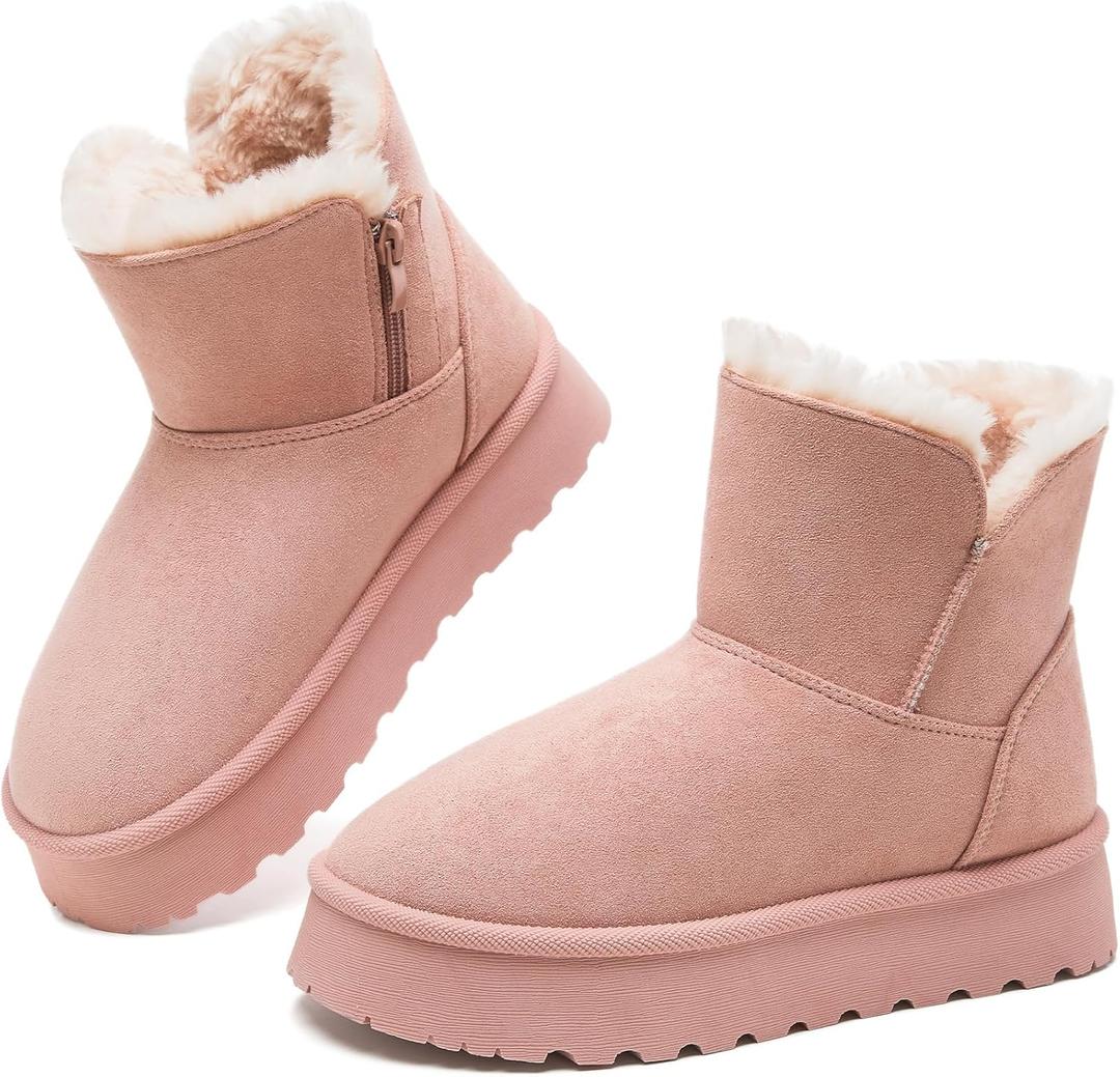 THATXUAOV Womens Ankle Winter Boots, Anti-Slip Suede Mini Boot For Women,Side Zipper Platform Slip On Snow Boots With Fur Lining (7.5, Pink)