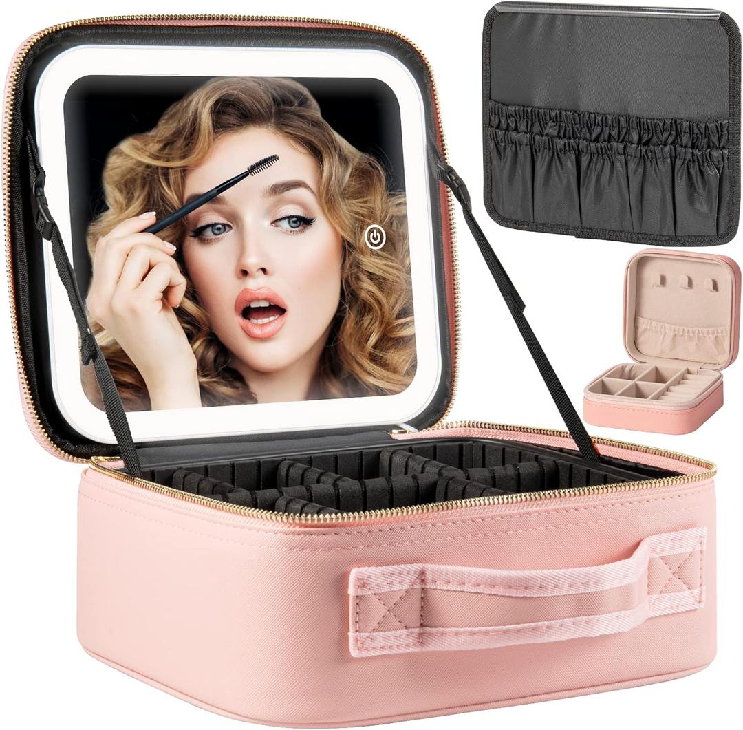 Makeup Travel Train Case with Mirror LED Light 3 Adjustable Brightness Large Cosmetic Bag Portable Storage Adjustable Partition Waterproof Makeup Brushes Make up Jewelry Gift for Women (Pink)
