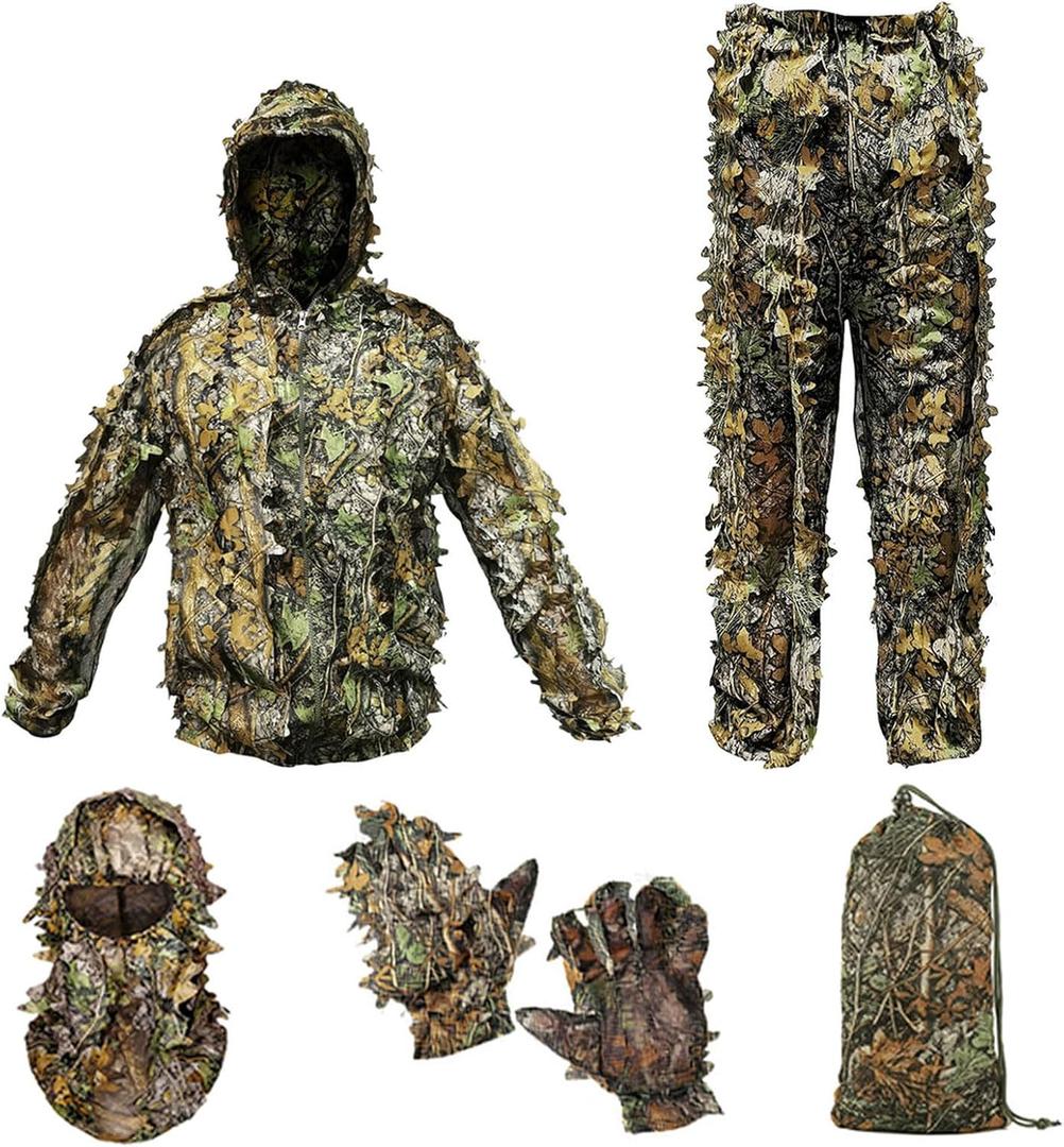 Ghillie Suit Camouflage Hunting Suits Outdoor 3D Leaf Lifelike Camo Clothing Lightweight Breathable Hooded Apparel (Fit tall 4.9-5.9ft, Dark Green)