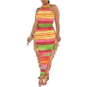 2 Piece Outfits for Women Sexy Crop Top Ruched Bodycon Maxi Dresses Fringe Skirt Sets Night Club Jumpsuits (Large, Rainbow)