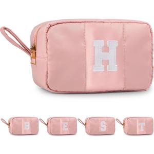 Puffy Makeup Bag for Women, Initial Cosmetic Bag, Cute Travel Toiletry Bag, Puffer Make Up Organizer Bags with Compartments, Personalized Gifts for Girlfriend Bridesmaid Teacher Graduation (Pink, H)