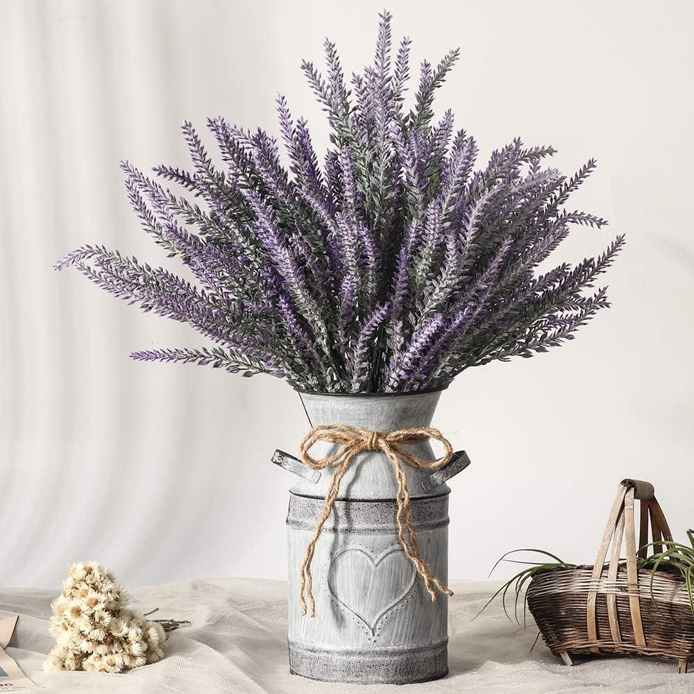 Artificial Lavender Flowers with Vase,Fake Lavender Plant Artificial in Metal Vase for Kitchen Counter Rustic Farmhouse Decor (Heart,Purple)
