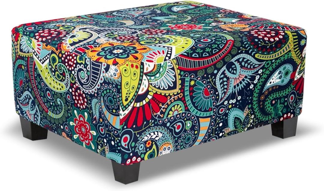 Ottoman Cover Rectangle Printed,Stretch Footstool Slipcover with Elastic Bottom,Soft Fabric Protector for Rectangular Ottoman in Living Room or Bedroom,Medium,Navy & Green