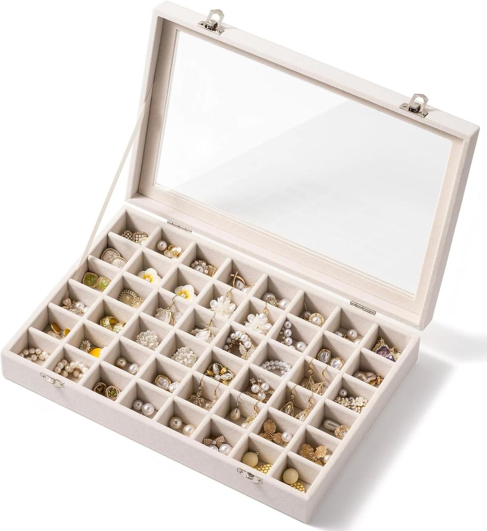 48 Grid Earring Organizer and Storage: Velvet Jewelry Tray with Lid, Jewelry Box for Studs, Earrings, Rings, Necklaces, Dresser & Vanity, Earrings Case for Girls, Women, 13"x8.6"x2.4", Beige