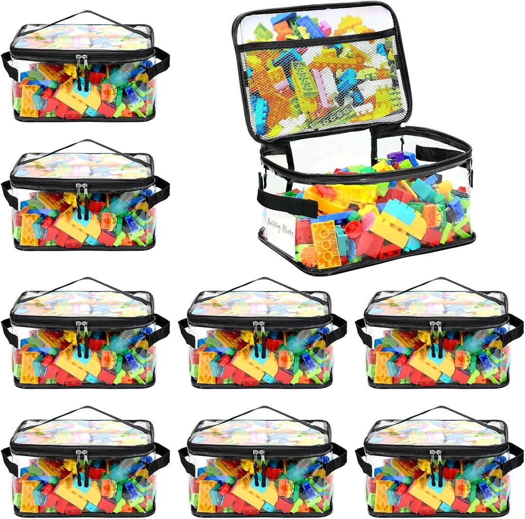 8 Packs Extra Large Toy Storage Bags with Labels, Reusable Clear PVC Board Game Storage, Travel Waterproof Toy Organizer Bags with Name Tag and Manual Pocket for Building Blocks, Puzzle, Kids Books (Black)