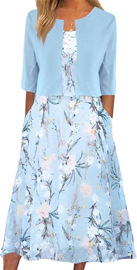 XNC Womens 2 Piece Set Fashion Fresh Plant Print Midi Dress V-Neck Half Sleeve with Jacket A-line Dresses Lounge Outfits (Blue, L)