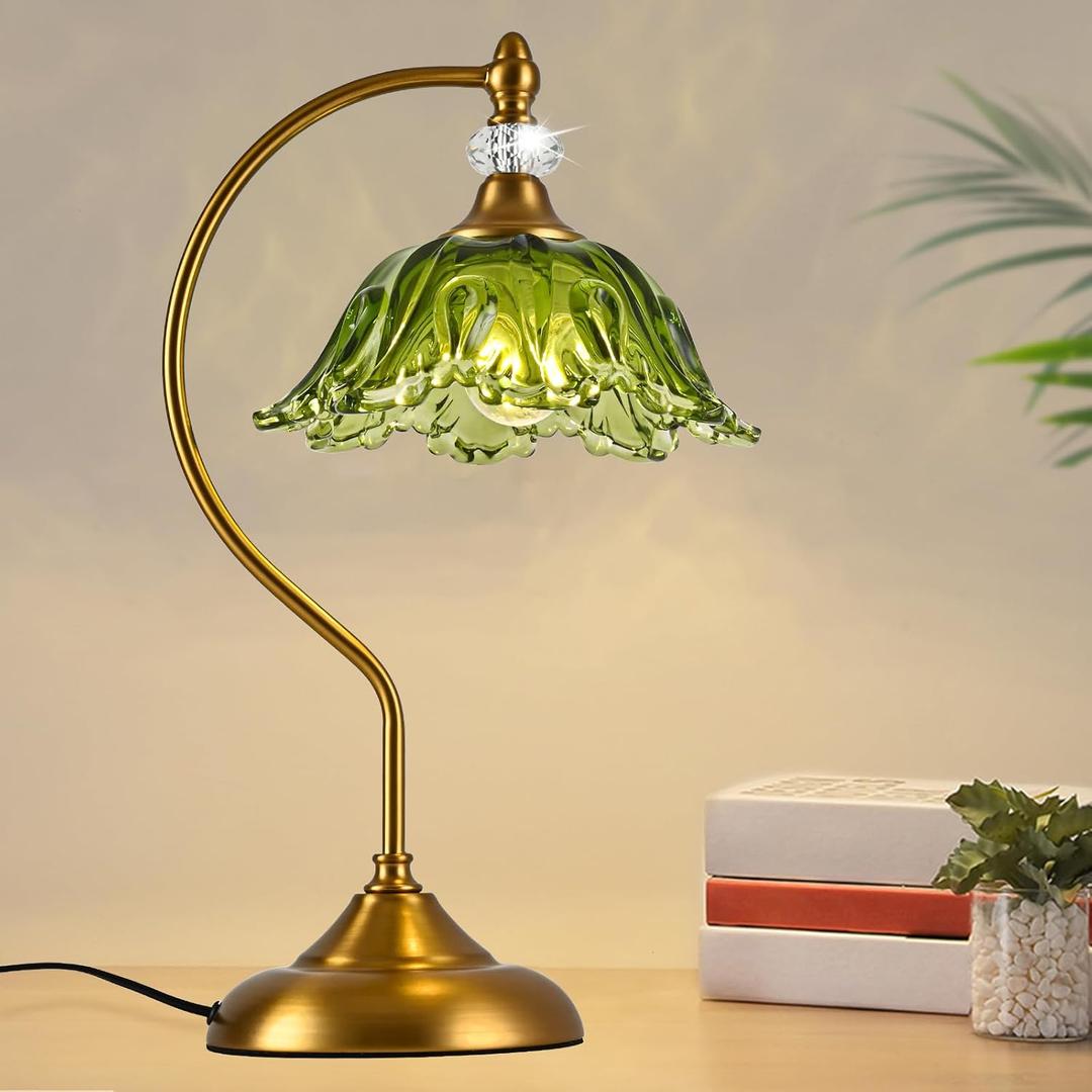 Vintage Table Lamp with a Floral Green Glass Shade, A Plug-in Nightstand Lamp in Matte Brass Finish for Bedroom, Living Room, Office, and Desk