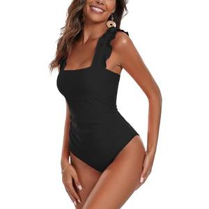 AI'MAGE Women's One Piece Swimsuits Square Neck Tummy Control Bathing Suit with Adjustable Ruffled Straps Swimwear Size L