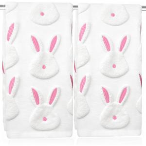 2pcs Easter Bunny Hand Towels Set 100% Cotton Soft Absorbent Spring Bathroom Hand Towels 14x29 Inch Cute Jacquard Easter Kitchen Decor Towels Holiday Kitchen Bathroom Decor Gift(White)