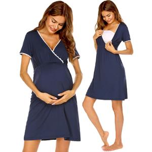 Ekouaer Nursing Nightgown Delivery and Labor Gown for Hospital Short Sleeve Maternity Breastfeeding Dress, Blue, Small